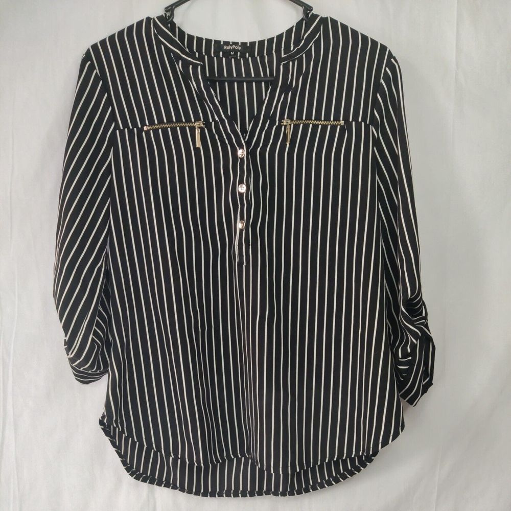 RolyPoly Striped Blouse Size M Gold Zippers  & Buttons Tab Sleeve Top Black & Wh